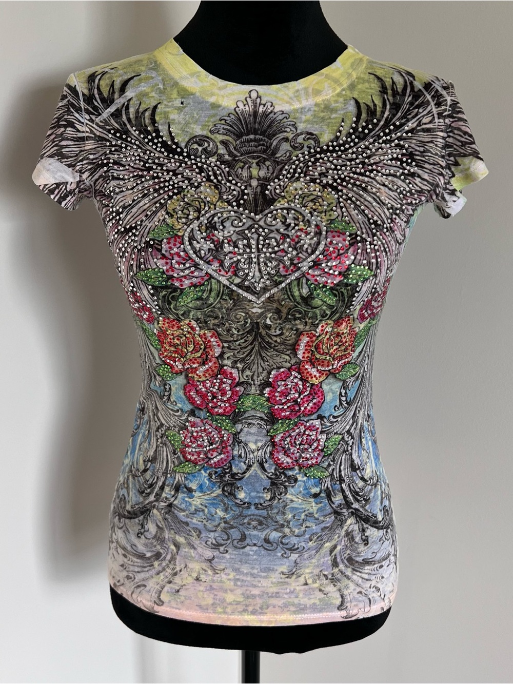 Floral Graphic Rhinestone Women’s Tee - Pink Multi
